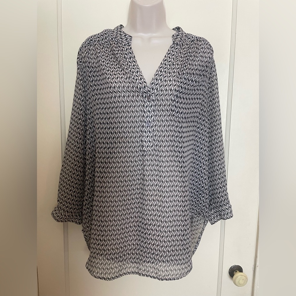 Pleione Taupe, Black, and White Geometric Sheer Blouse
